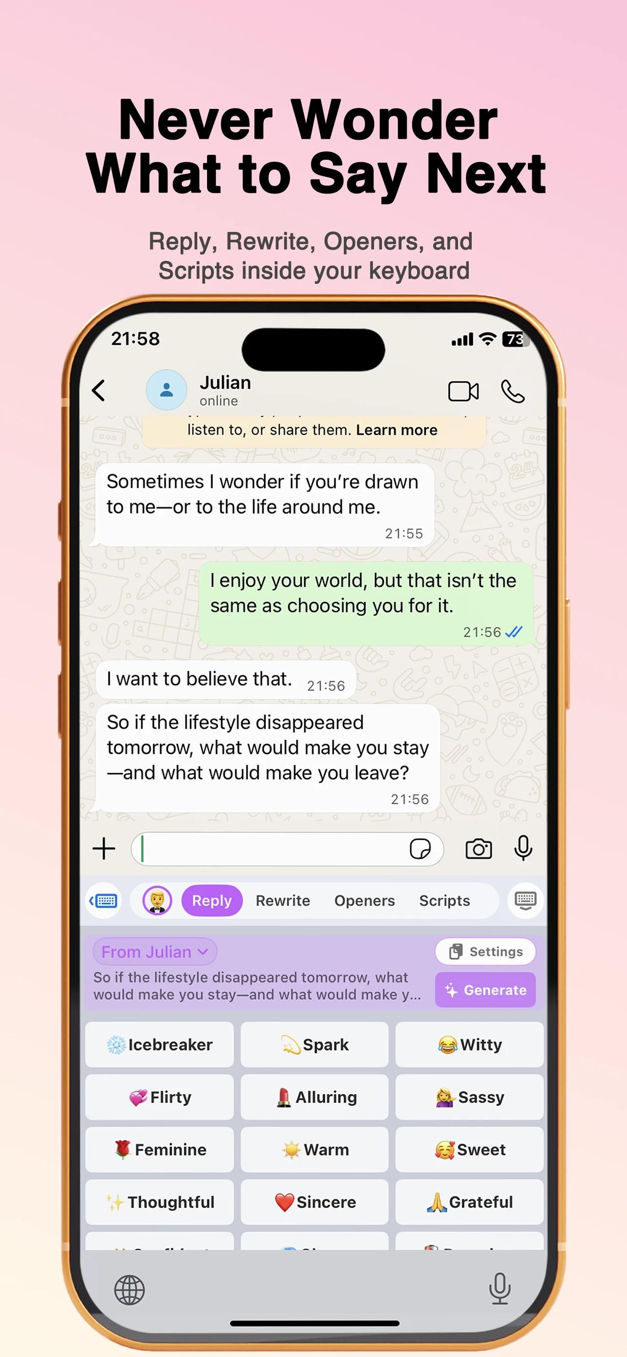 SugarMind keyboard creating thoughtful replies inside a conversation